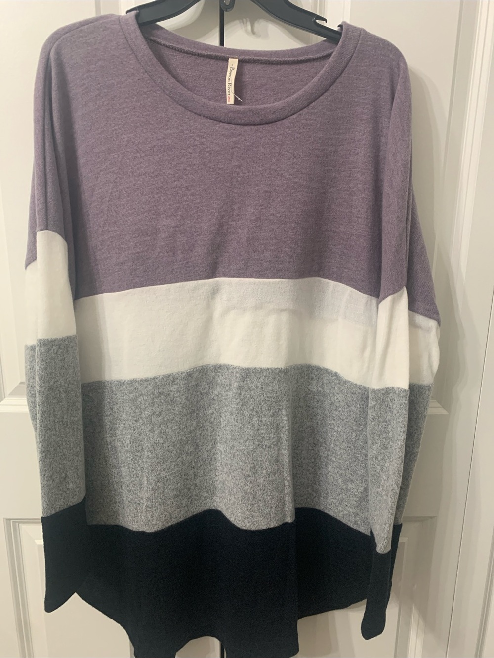 Beeson River Lavender White Gray Black Striped Crewneck Sweater